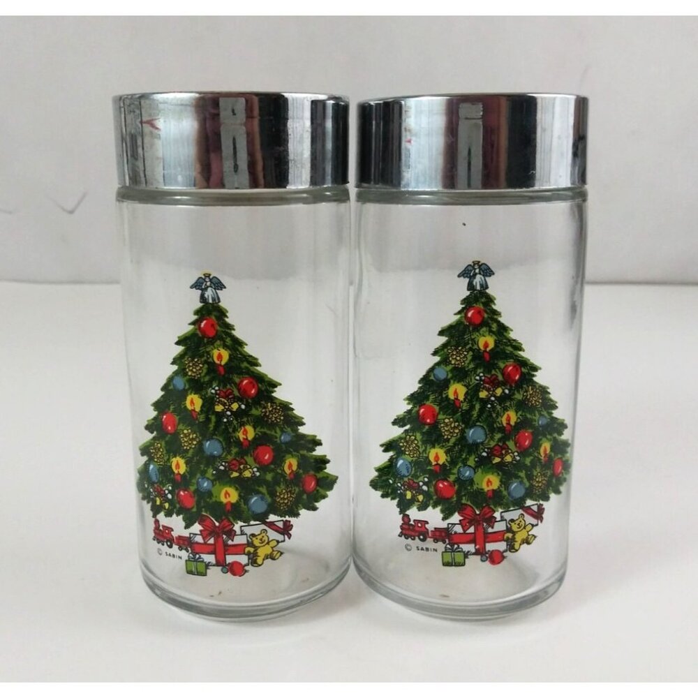 Vintage Sabin Clear Glass With Christmas Tree Design 4.75" Salt & Pepper Shakers